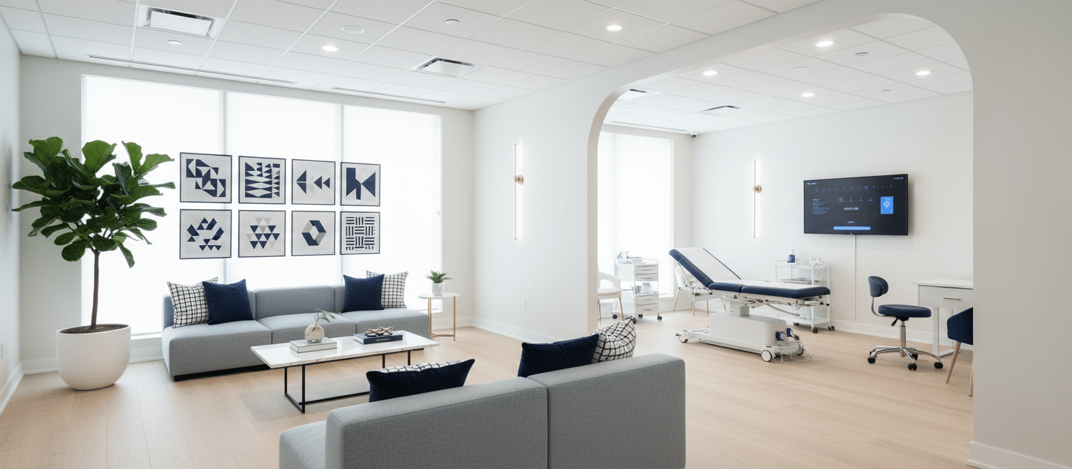 Contemporary dental office waiting room with gray sofas, navy accents, large windows, and an open clinical treatment area.