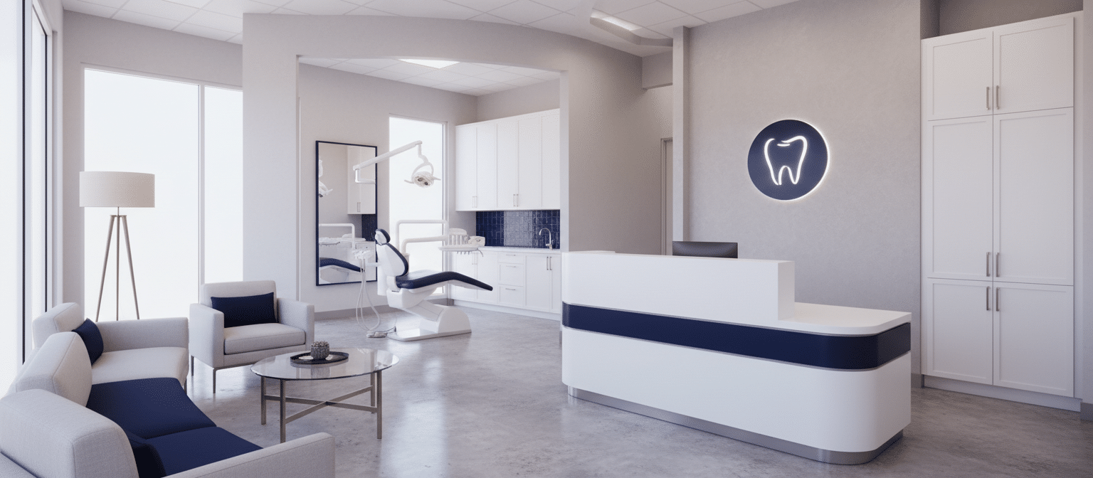 Bright modern dental clinic with a curved reception desk, waiting-area seating, and a visible treatment room.